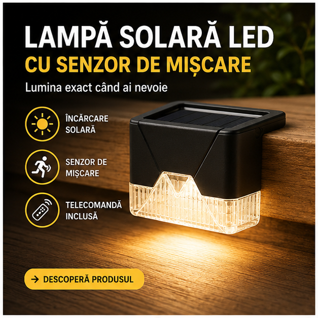 Lampă solară LED balustradă, senzor mișcare, set 4 bucăți
