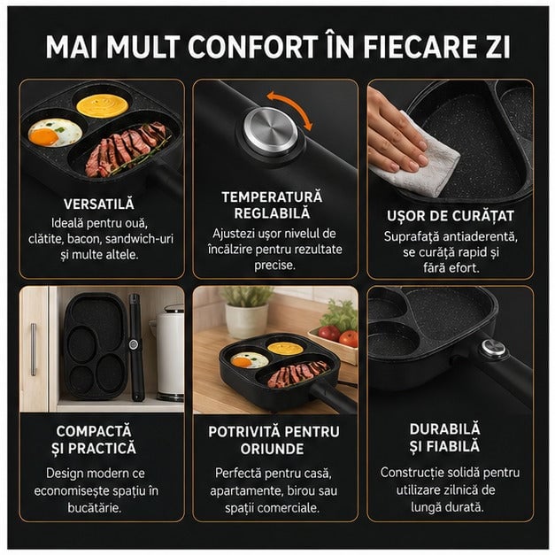 Tigaie Electrică Mic Dejun 700W, 3 Compartimente, 20cm