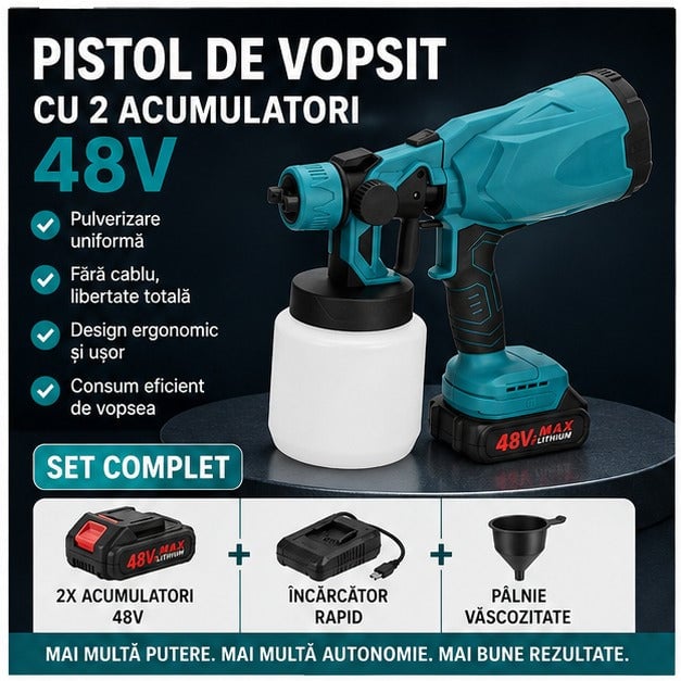 Pistol de Vopsit cu 2 Acumulatori 48V, Fără Fir, Ergonomic