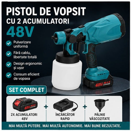 Pistol de Vopsit cu 2 Acumulatori 48V, Fără Fir, Ergonomic