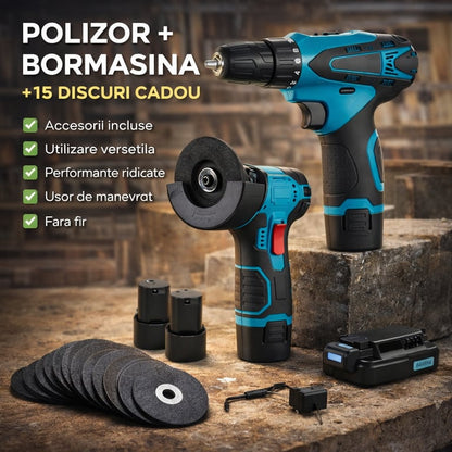 Set Polizor unghiular și Bormașină 12V, 2 Baterii CADOU