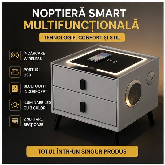 Noptieră smart LED tactil, 2 sertare, încărcare wireless