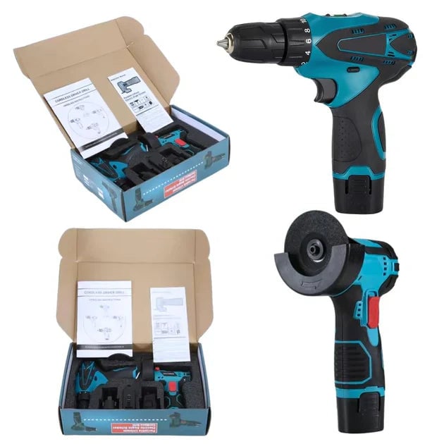 Set Polizor unghiular și Bormașină 12V, 2 Baterii CADOU