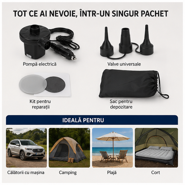 Saltea Auto Gonflabilă cu Pompă și 2 Perne, 130x80cm