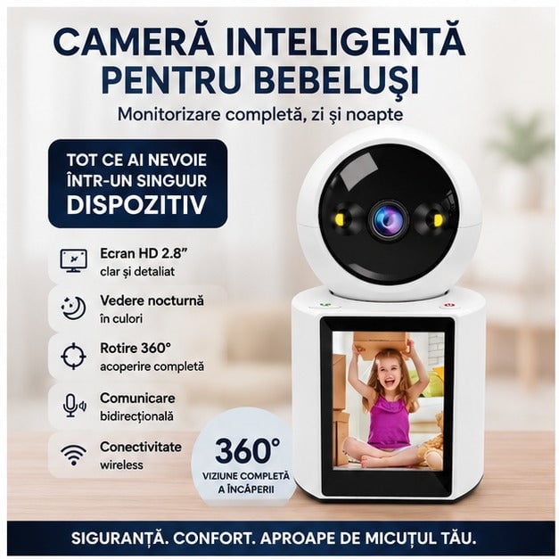 Baby Monitor Camera Supraveghere 4MP, Rotație 360°