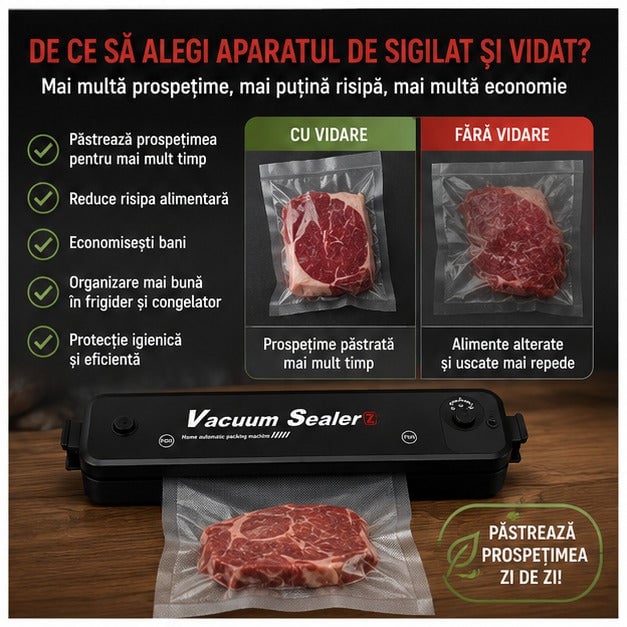 Aparat de Vidat Alimente Compact 90W, Negru + 10 Pungi