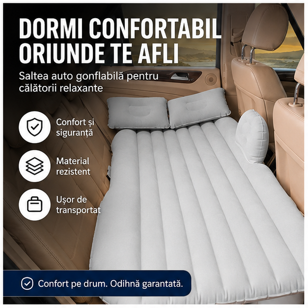 Saltea Auto Gonflabilă cu Pompă și 2 Perne, 130x80cm