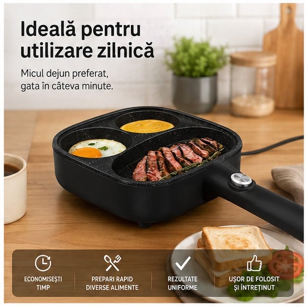 Tigaie Electrică Mic Dejun 700W, 3 Compartimente, 20cm