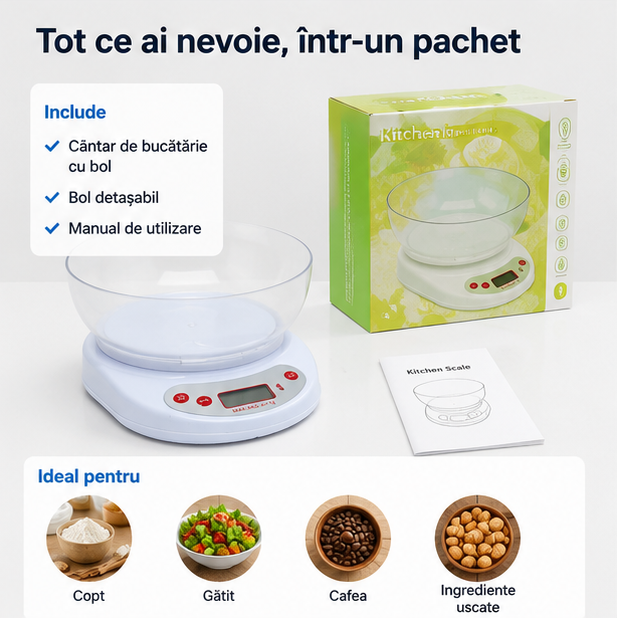 Cântar Digital Bucătărie 5kg, Bol Detașabil, Precizie 1g