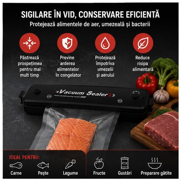 Aparat de Vidat Alimente Compact 90W, Negru + 10 Pungi