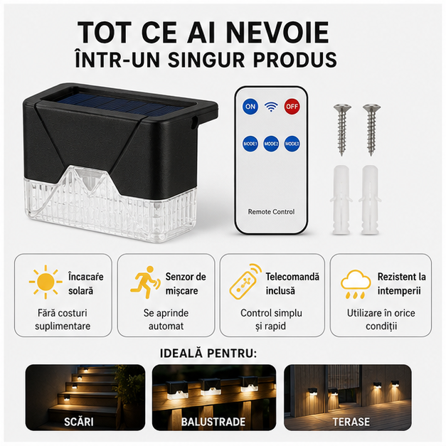 Lampă solară LED balustradă, senzor mișcare, set 4 bucăți