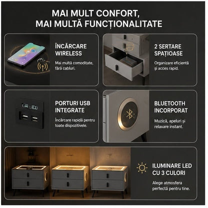 Noptieră smart LED tactil, 2 sertare, încărcare wireless
