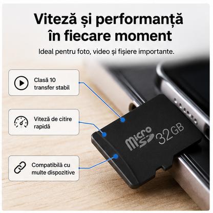 Card memorie microSD 32GB Clasă 10, adaptor SD inclus