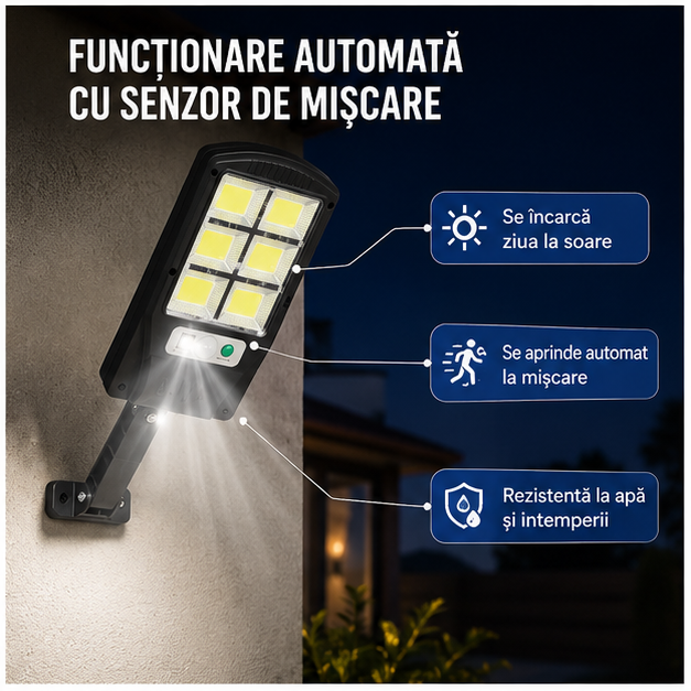 Lampă solară LED cu senzor mișcare, rezistentă la apă