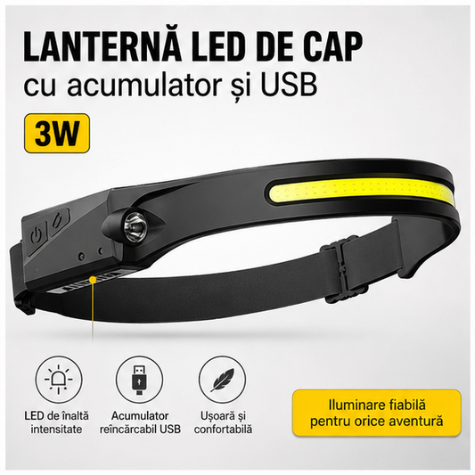 Lanternă de cap LED USB 350LM, senzor unde, acumulator