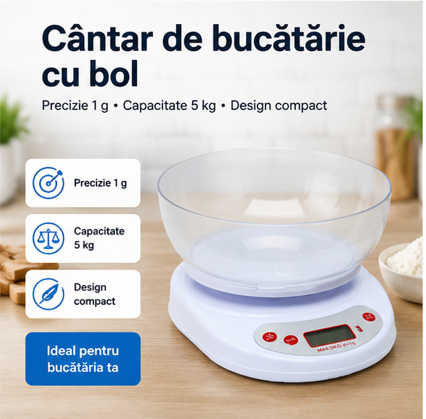 Cântar Digital Bucătărie 5kg, Bol Detașabil, Precizie 1g