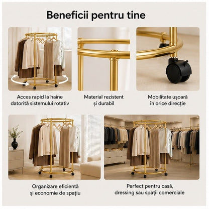 Suport auriu metalic rotativ pentru haine, cu roți, 40 kg