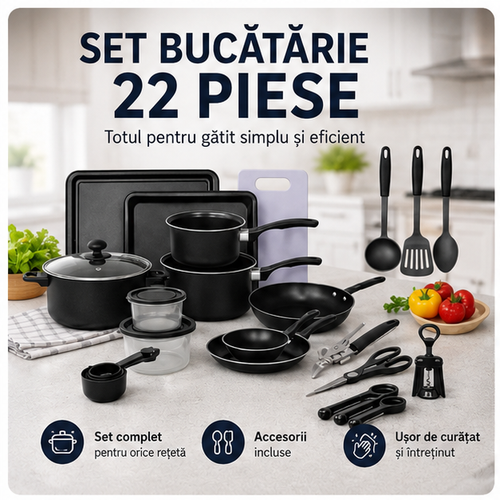 Set Bucatarie 22 Piese cu Oale, Tigai, Wok si Accesorii