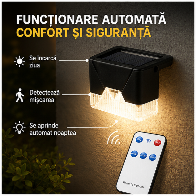 Lampă solară LED balustradă, senzor mișcare, set 4 bucăți