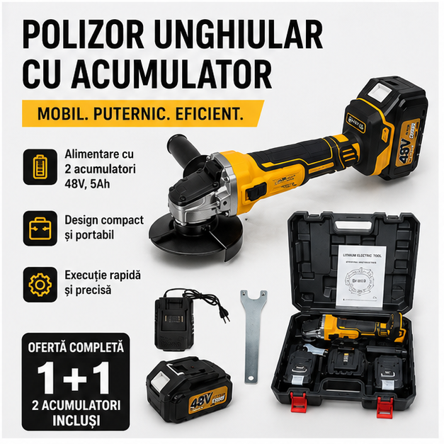 Polizor Unghiular Flex 48V, 2 Acumulatori, 11.000 RPM