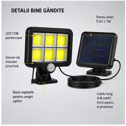 Proiector LED solar cu senzor mișcare, 260LM, panou 5m