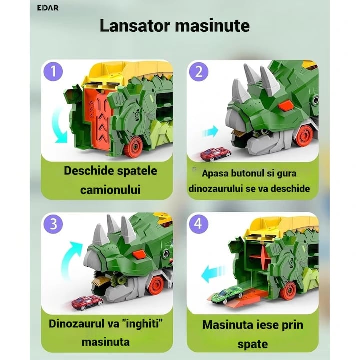 Mașină Dinozaur Triceratops Transformabilă cu Pistă și Mașinuțe – 2 în 1, Lungime Extinsă 63 cm