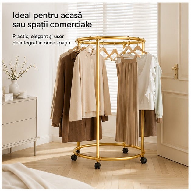 Suport auriu metalic rotativ pentru haine, cu roți, 40 kg