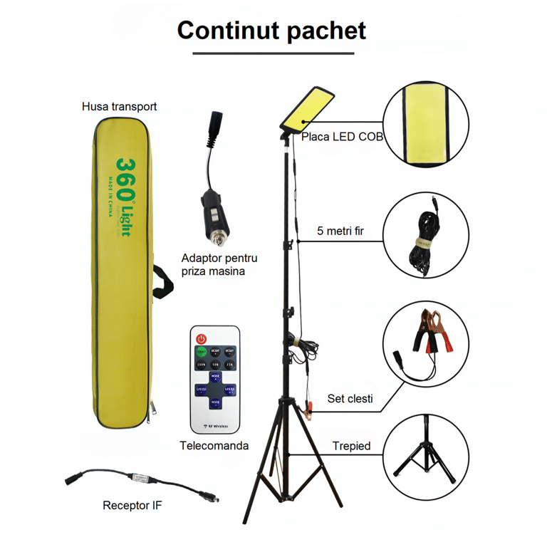 Proiector LED Camping 47W Waterproof, Braț 4,5m, Kit