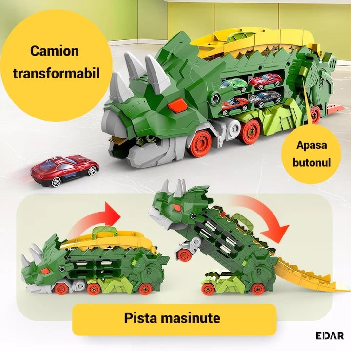 Mașină Dinozaur Triceratops Transformabilă cu Pistă și Mașinuțe – 2 în 1, Lungime Extinsă 63 cm