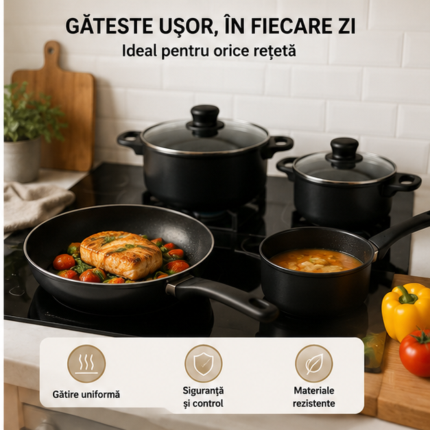 Set Oale și Cratițe 13 Piese, Antiaderent, Capac Sticlă