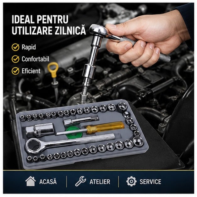 Set Chei Tubulare cu Șurubelniță Clichet, 40 Piese