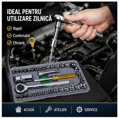 Set Chei Tubulare cu Șurubelniță Clichet, 40 Piese