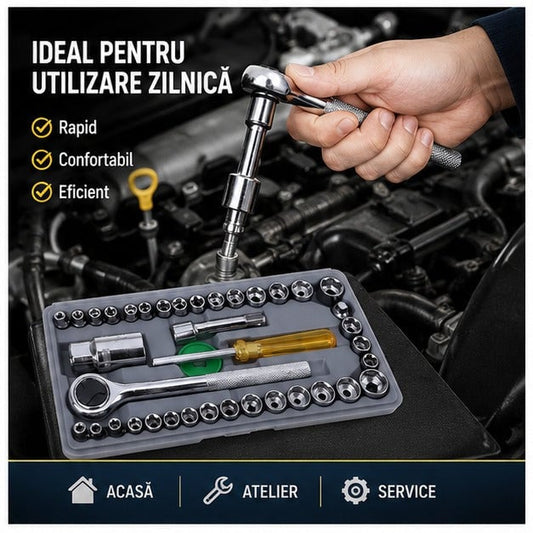 Set Chei Tubulare cu Șurubelniță Clichet, 40 Piese