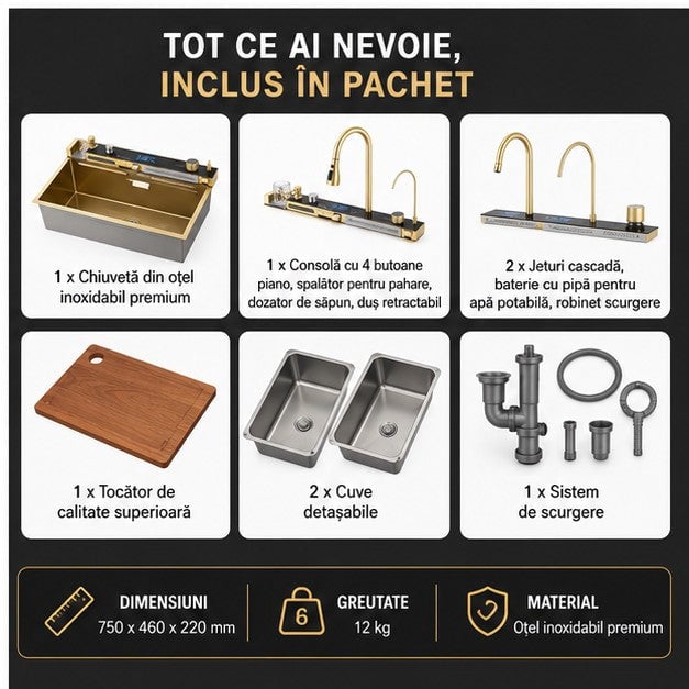 Chiuvetă bucătărie inox cu LED și cascadă digitală