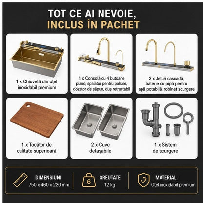 Chiuvetă bucătărie inox cu LED și cascadă digitală