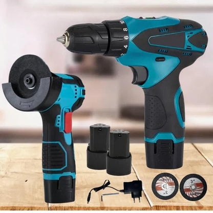 Set Polizor unghiular și Bormașină 12V, 2 Baterii CADOU