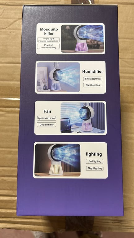 Ventilator cu Umidificare și Lampă Anti-Țânțari 4 în 1 – Răcire, Pulverizare, Iluminare de Noapte și Capturare Insecte