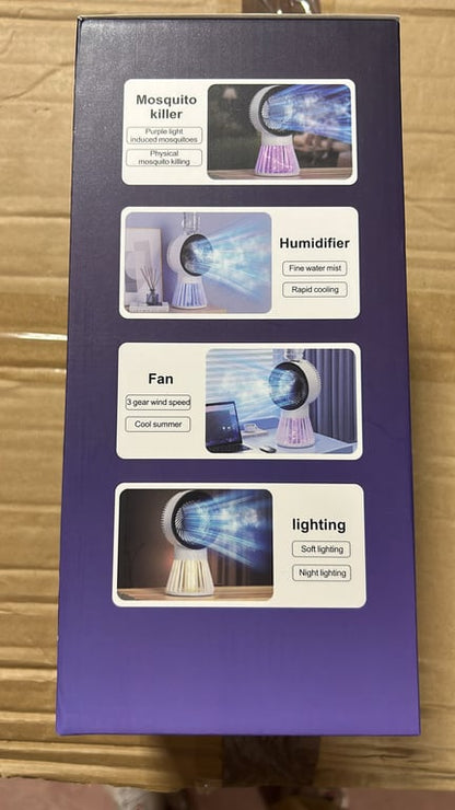 Ventilator cu Umidificare și Lampă Anti-Țânțari 4 în 1 – Răcire, Pulverizare, Iluminare de Noapte și Capturare Insecte