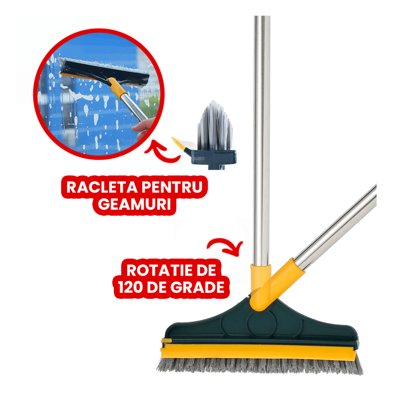 Mătură 2 în 1 cu Racletă, Perii și Cap Rotativ Detașabil