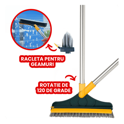 Mătură 2 în 1 cu Racletă, Perii și Cap Rotativ Detașabil