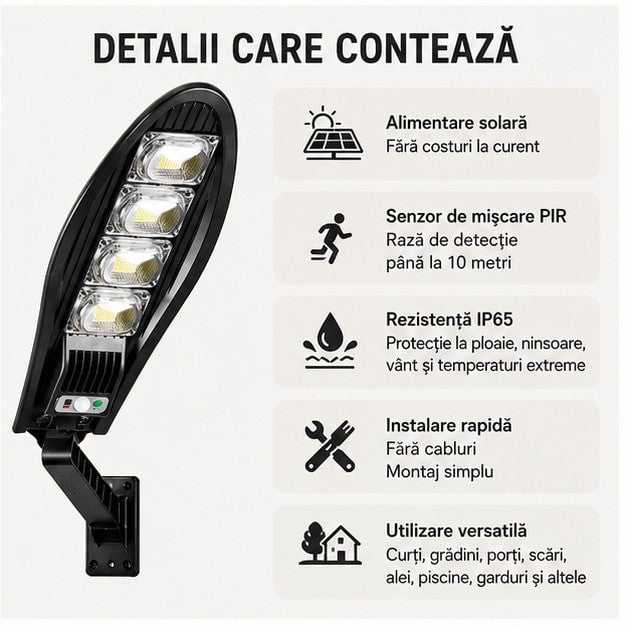 Lampă solară stradală 1200W, 55 cm, cu telecomandă