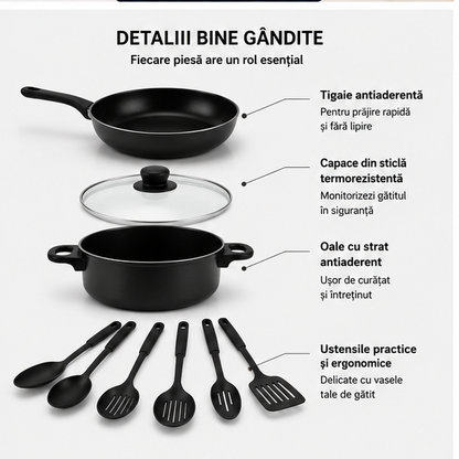 Set Oale și Cratițe 13 Piese, Antiaderent, Capac Sticlă