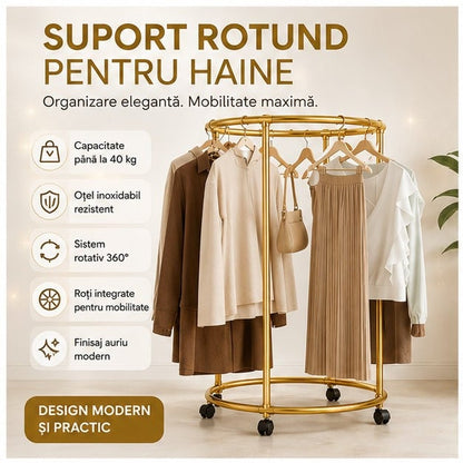 Suport auriu metalic rotativ pentru haine, cu roți, 40 kg