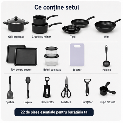 Set Bucatarie 22 Piese cu Oale, Tigai, Wok si Accesorii