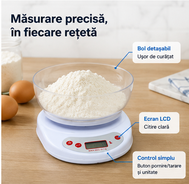 Cântar Digital Bucătărie 5kg, Bol Detașabil, Precizie 1g