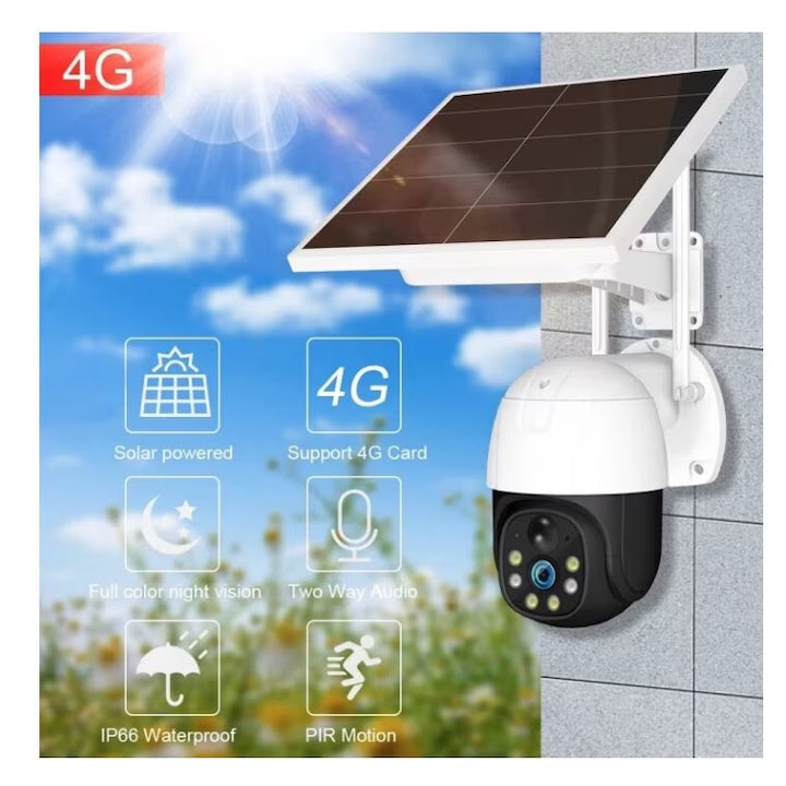 Cameră supraveghere solară WiFi, zoom 20X, baterie 12000mAh