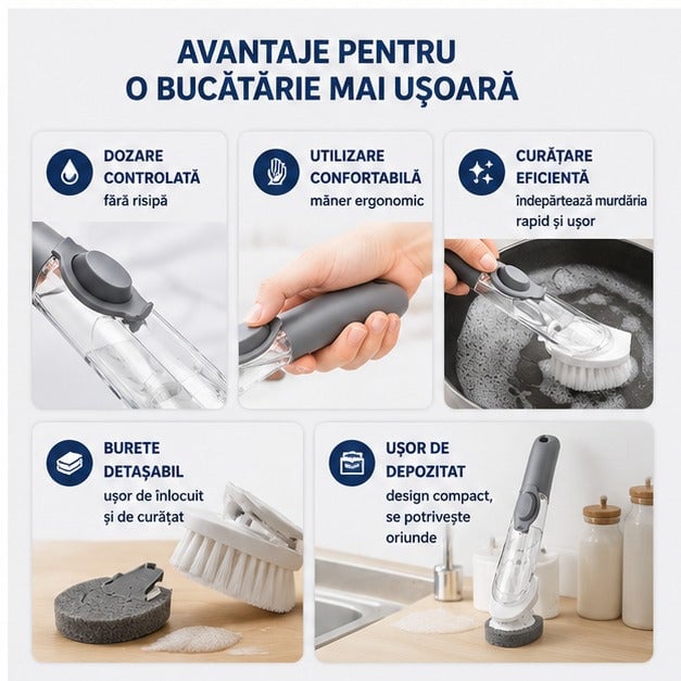 Perie Vase cu Mâner, Rezervor Detergent, Cap Înlocuibil