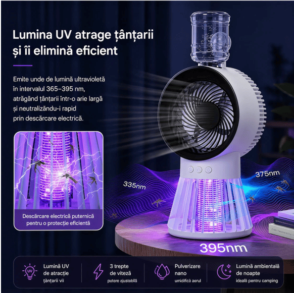 Ventilator 4 în 1 cu Umidificare și Capcană Țânțari