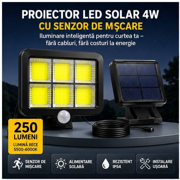 Proiector LED solar cu senzor mișcare, 260LM, panou 5m