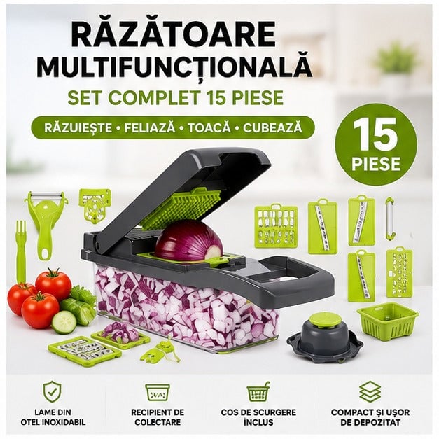 Răzătoare Multifuncțională 15 Piese Lame Inox Bază Ventuză